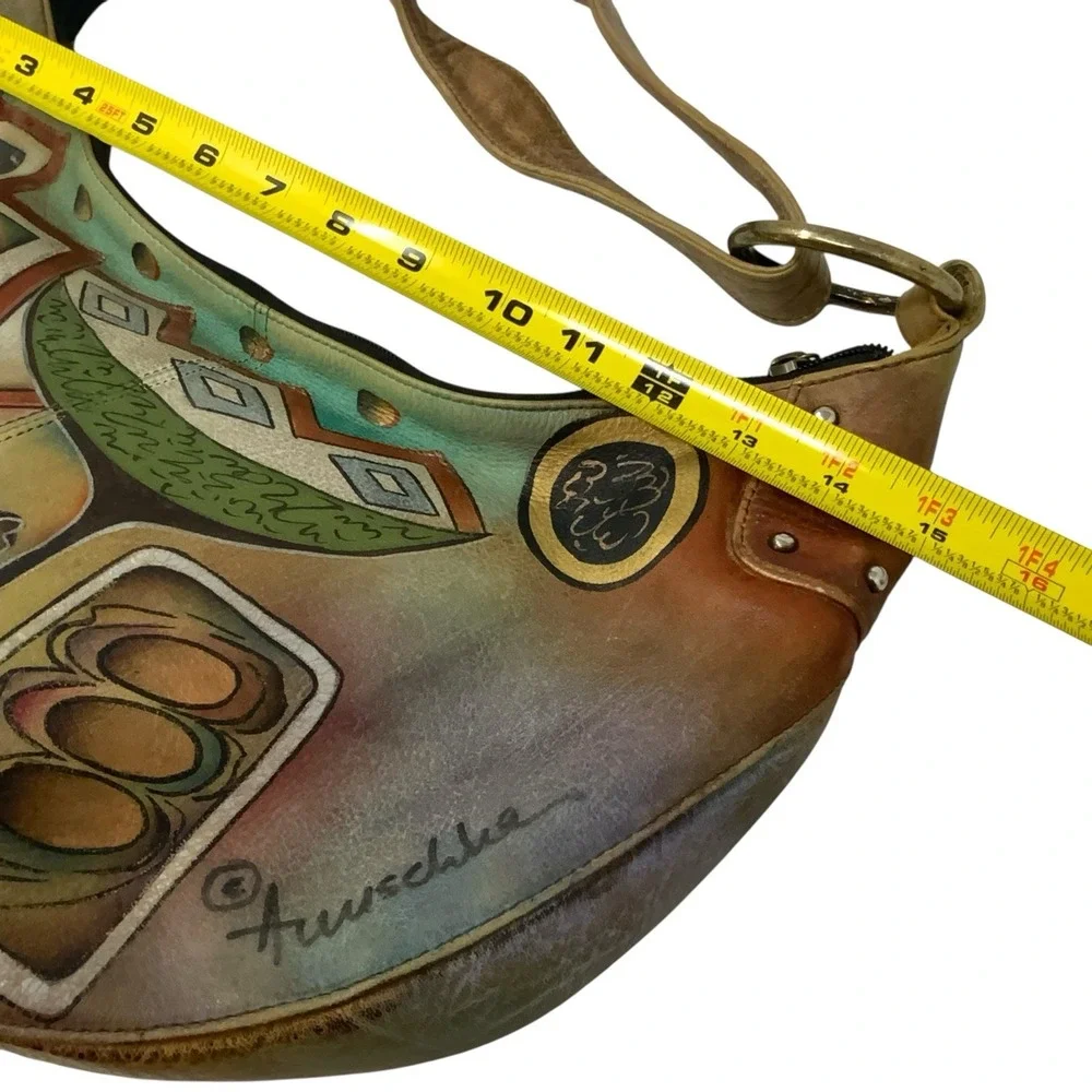Anuschka Hand Painted Leather‎ Hobo Purse Shoulder Bag Whimsical Artsy Abstract
